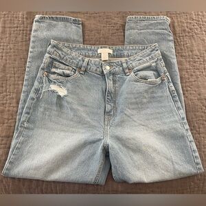 H&M Light Denim Blue Straight Leg Jeans Distressed Holes Rips Sz 10 Eu42 Cotton